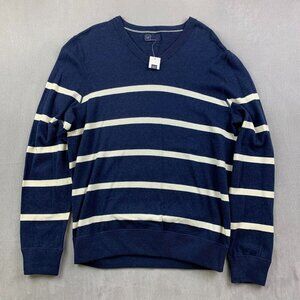 Gap Mens Sweater Large Blue White Striped V-Neck Long Sleeve 100% Cotton Preppy